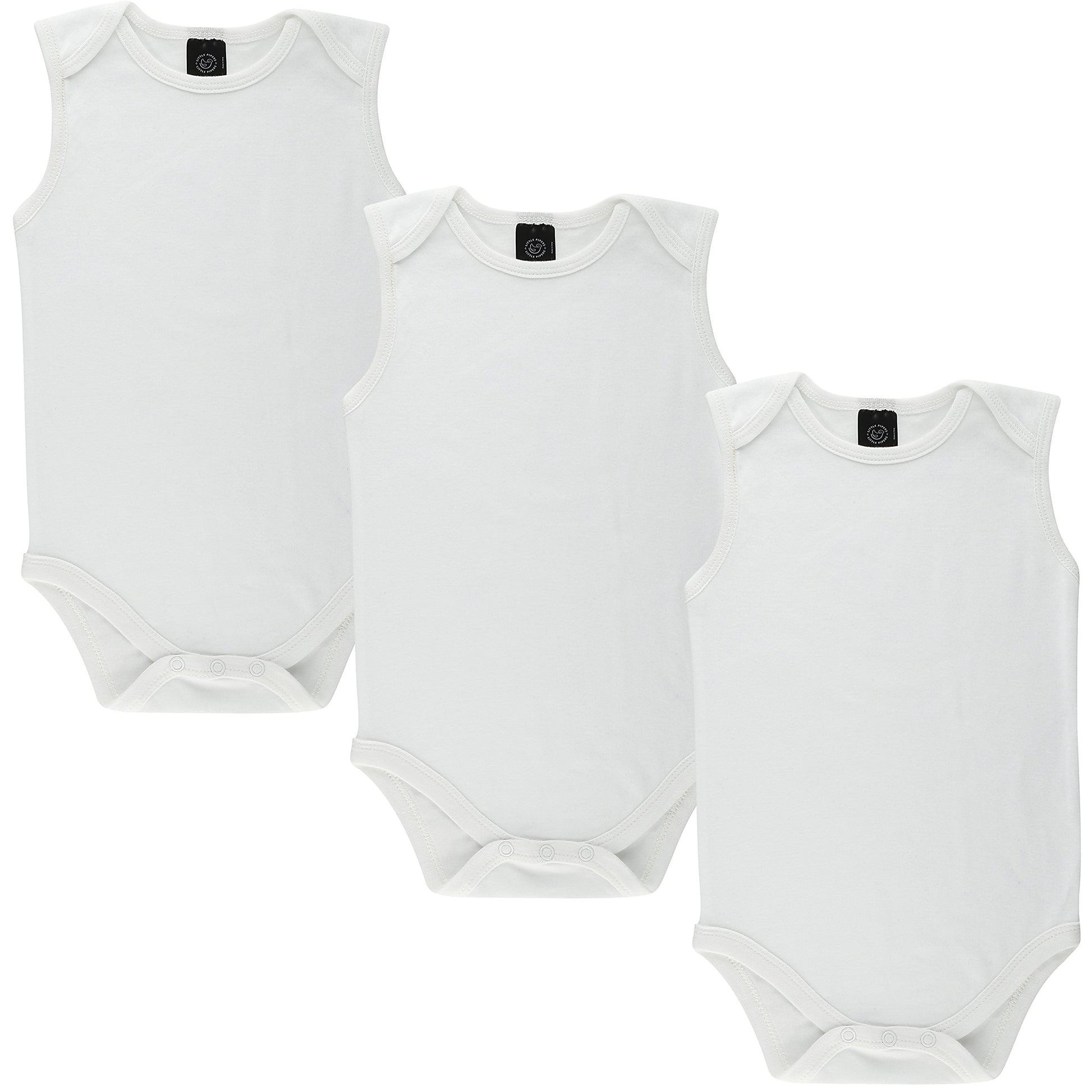 Little Pipers Baby Soft Natural Cotton White Undershirts Bodysuits (White Sleeveless (3Pk), 12-18 Months)