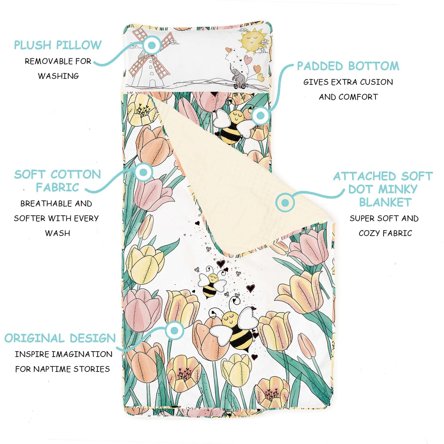 Jumpoff Jo - Extra Long Toddler Nap Mat For Preschool, Daycare And Kindergarten - Sleeping Bag For Kids With Removable Pillow An