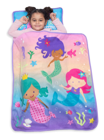 Baby Boom Funhouse Mermaid Kids Nap Mat Set - Includes Pillow and Fleece Blanket - Great for Girls Napping during Daycare or Pre