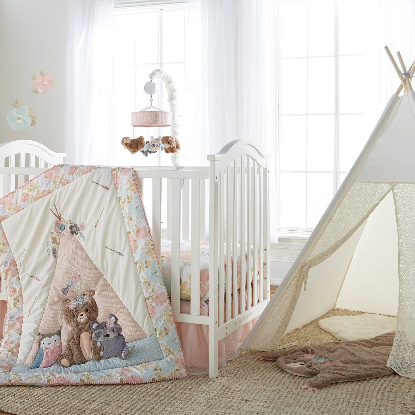 Levtex Baby - Malia Playmat - Bear - Taupe, Pink And Teal - Nursery Accessories