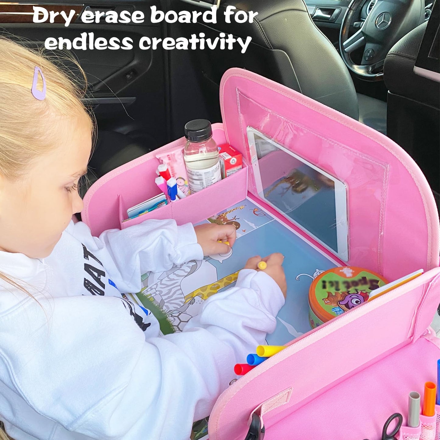 Menzoke Kids Travel Tray For Toddler Car Seat, Lap Tray For Girl Activities With Dry Erase Board & Cooler Cup Holder, Road Trip