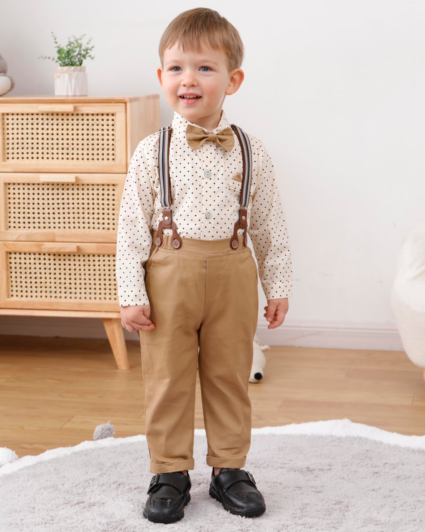 Yallet Toddler Baby Boy Clothes Suit Gentleman Outfits Formal Dress Shirt + Bowtie + Suspender Pants Wedding Party(L Beige, 18-2