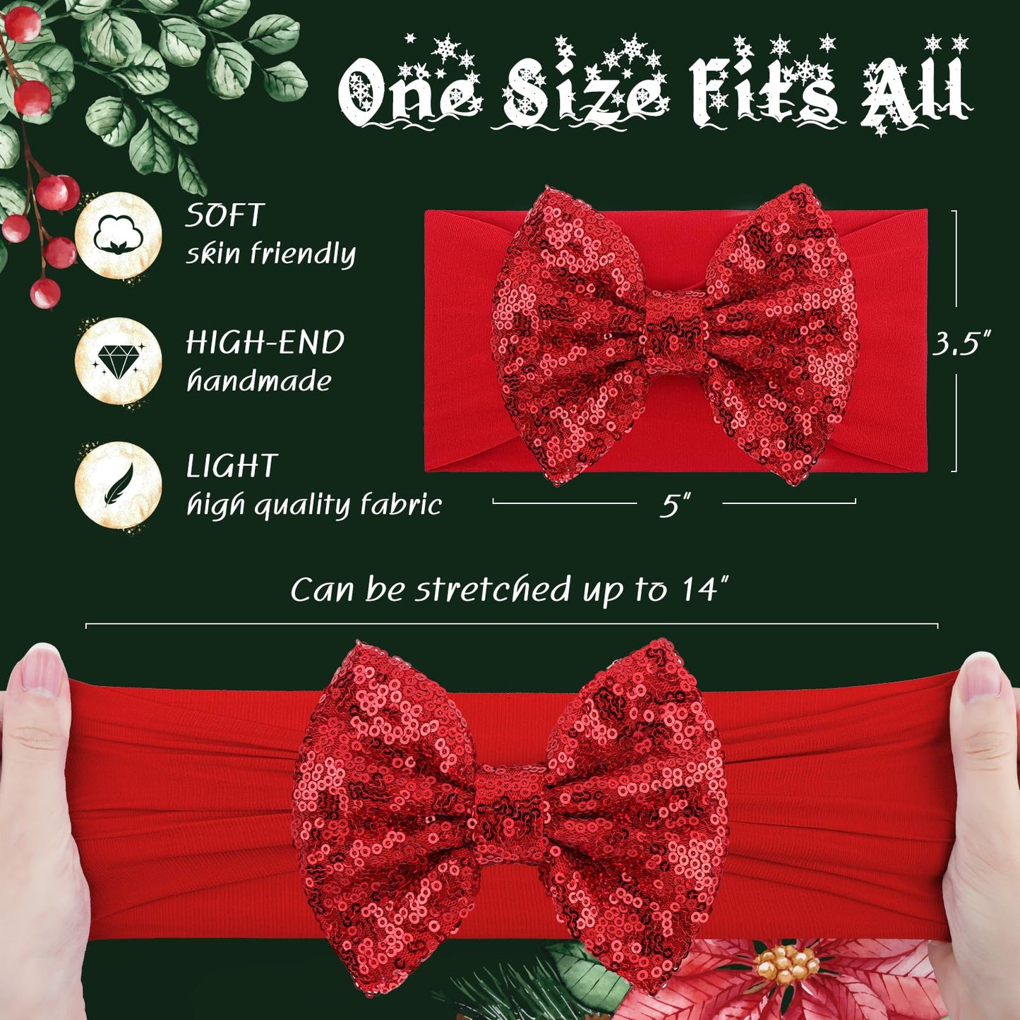 Lanmerry Christmas Headbands For Girls Sequins Large Bows Toddler Glitter Hair Bows Christmas Hair Accessories Santa Headband In