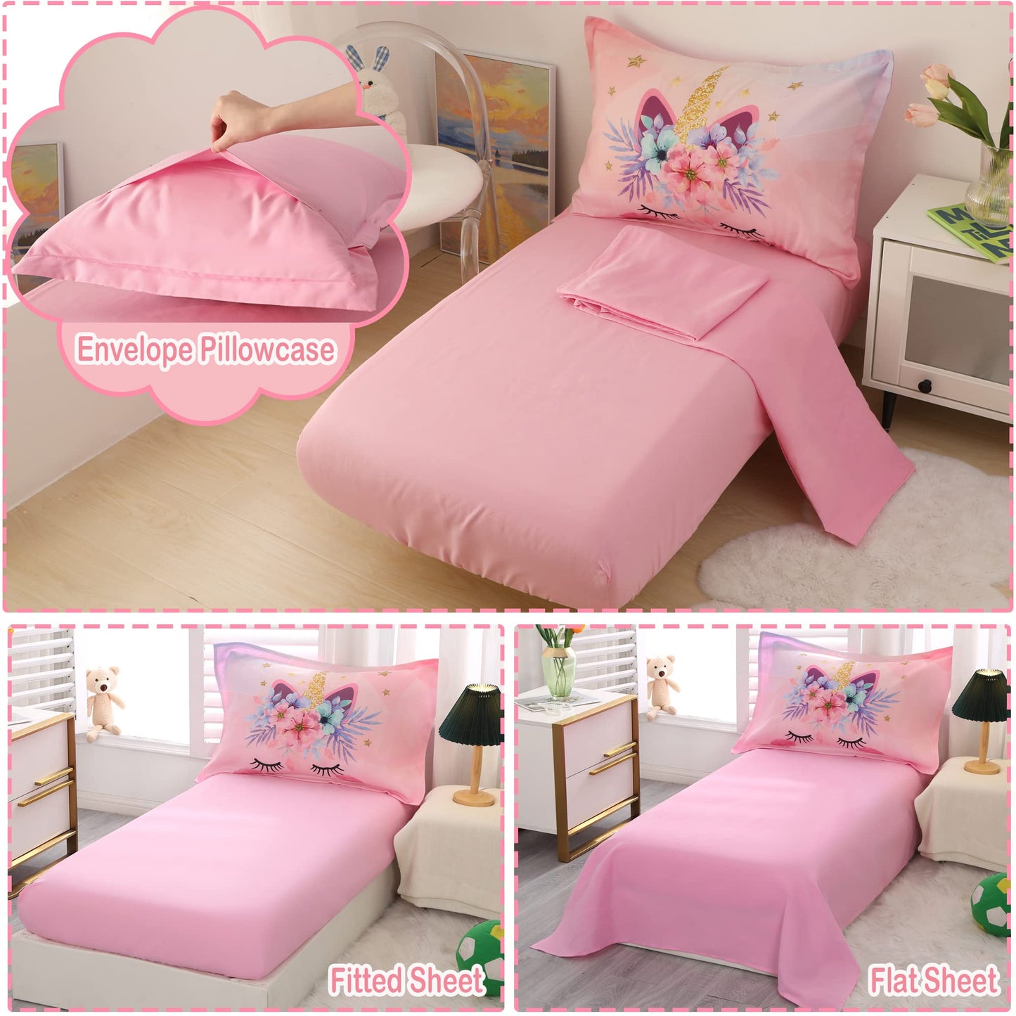 Toddler Bedding Set For Girls 4 Piece Pink Cartoon Unicorn Toddler Comforter Set For Baby Kids Crib Toddler Bed Sheet Set Bed-In