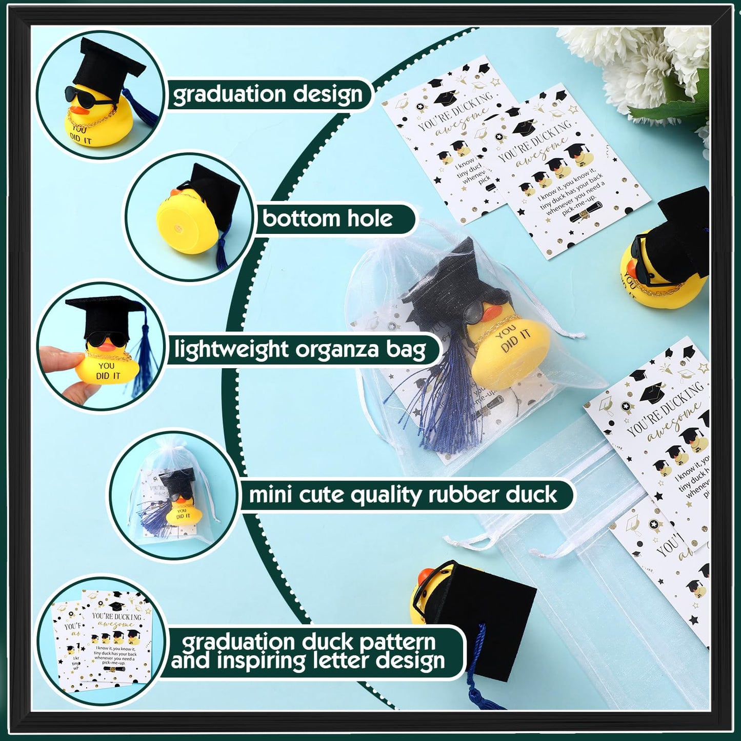 200 Pcs 2025 Graduation Party Favors Includes 2 Inch 50 Pcs Graduation Rubber Ducks with Necklace Sunglasses for Bath Pool 50 Pc