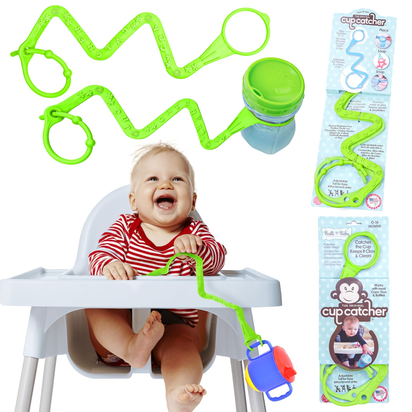 Brilli Baby Cup Catcher 2 Pack Patented Safety Tether Strap, Attach Sippy Cups, Bottles, Toys, Pacifiers To Stroller, High Chair