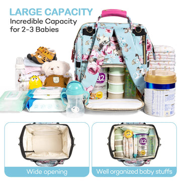 Litbear Diaper Bag Backpack, Large Capacity Multifunction Nappy Bags, Waterproof Baby Bag Floral Insulated Sturdy Travel Materni