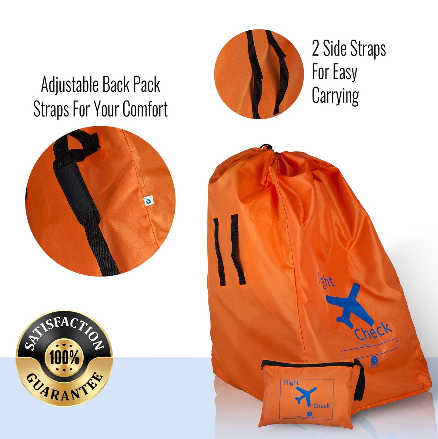 Car Seat Travel Bag And Carrier For Gate Check With Travel Pouch - Bright Orange With Blue Letters For Airport, Airplane Gate Ch
