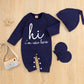 Grnshts Newborn Baby Boy Romper Coming Home Outfits Letter Print Bodysuit Jumpsuit+Hat+Gloves 3Pcs Clothes Set (A-Navy Blue,1-3
