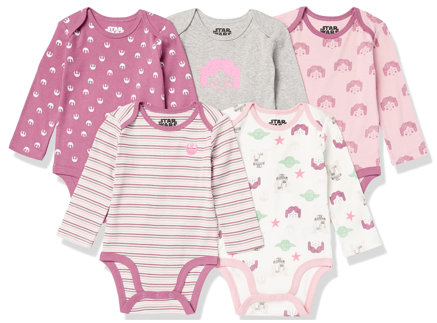Amazon Essentials Disney | Marvel | Star Wars | Princess Baby Girls' Long-Sleeve Bodysuits, Pack Of 5, Star Wars Tiny Rebel, New
