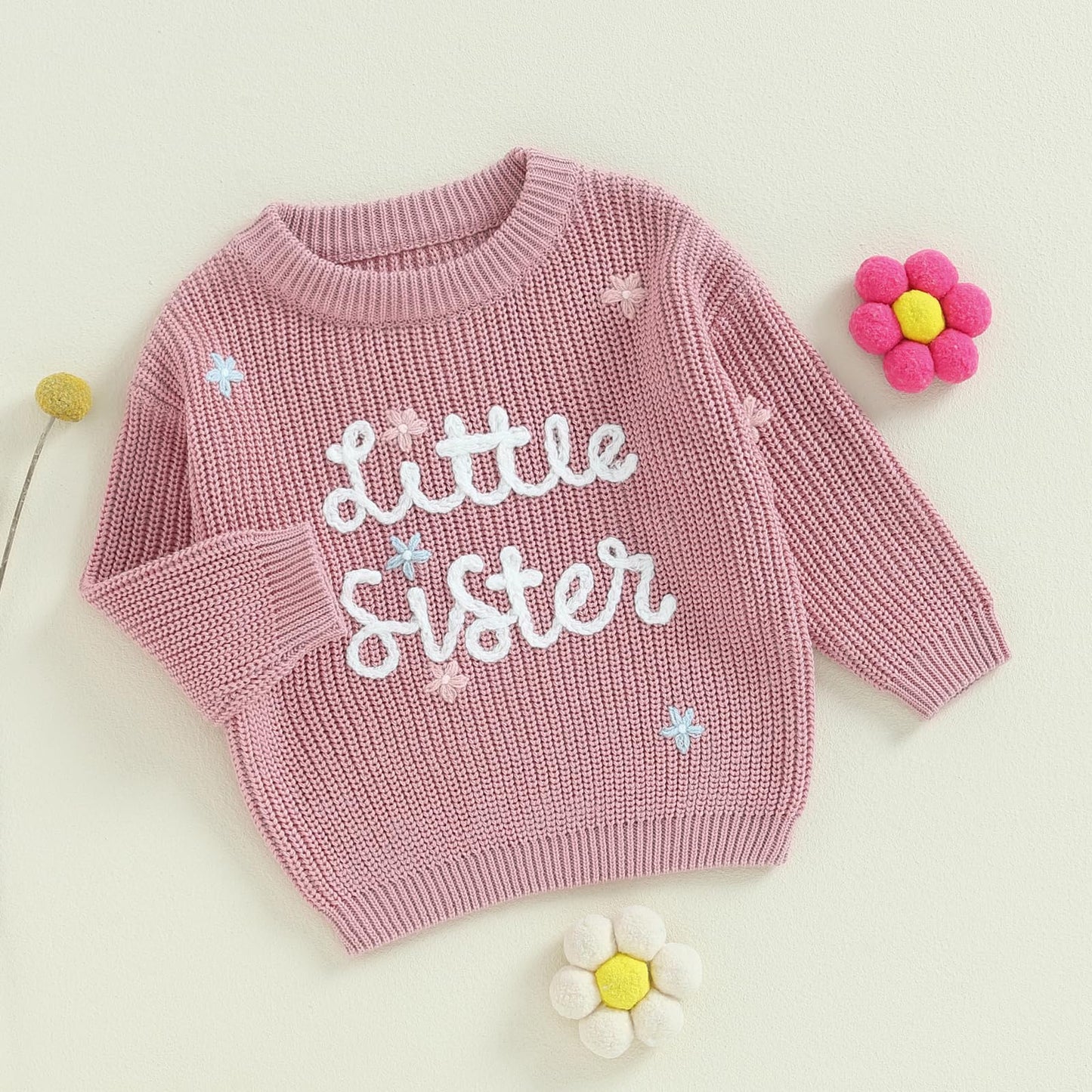 Amnnchya Toddler Infant Baby Girl Knit Sweater Big Sister Little Sister Matching Outfits Long Sleeve Pullover Sweatshirt (Rose P
