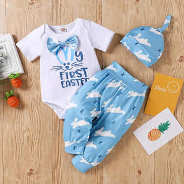 Baby Boy Easter Outfits Newborn Clothes Stuff Infant Summer 3 Piece My First Easter Romper Short Sleeve + Pants + Hat Blue Rabbi