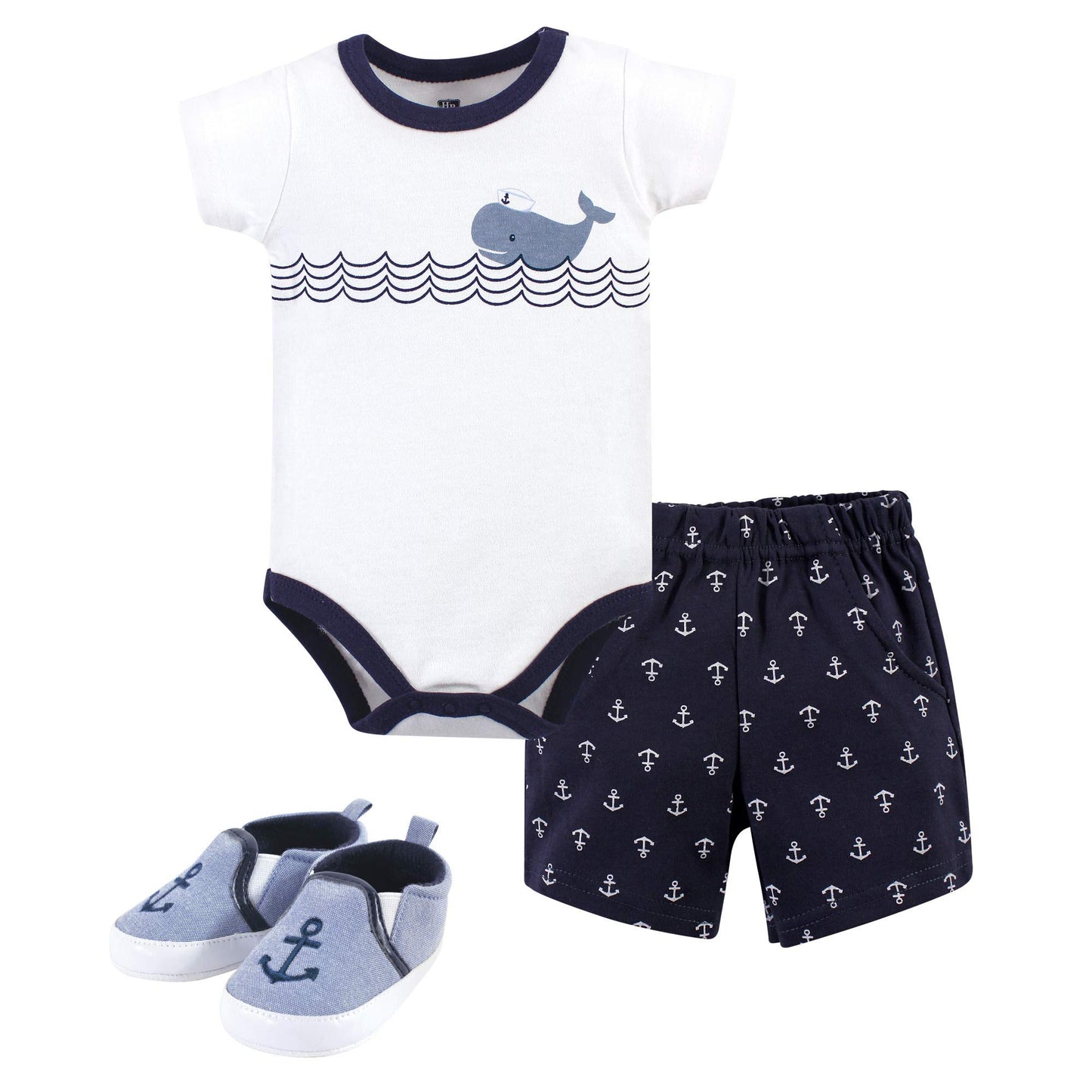 Hudson Baby Baby Boys Cotton Bodysuit, Shorts And Shoe Layette Set, Blue Sailor Whale, 6-9 Months Us