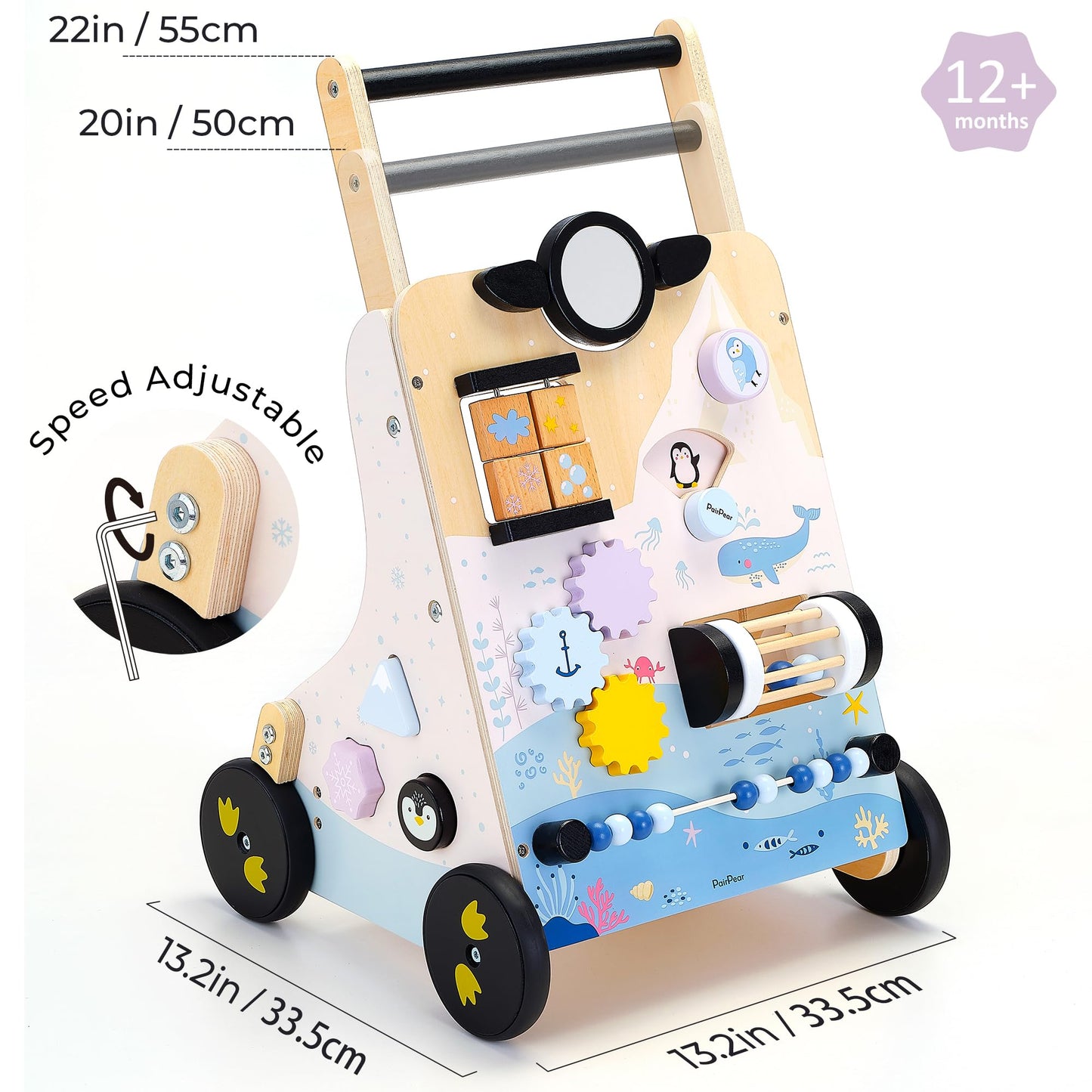 PairPear Wooden Baby Walker, Baby Push Walker Activity Center Toys,Montessori Walker Toy with Shape Sorter, Adjustable Speed Act
