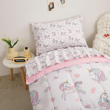 Viviland Unicorn Toddler Comforter Sets, Cute Girls Toddler Bedding Set, Soft Microfiber Toddler Bed Set