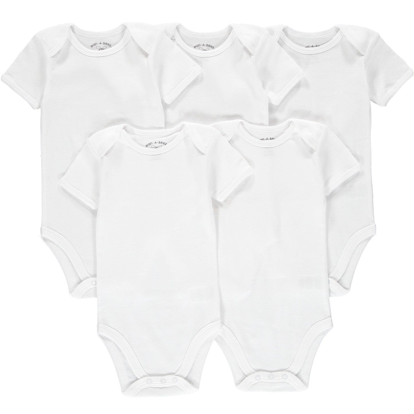 Wan-A-Beez 5 Pack Baby Girls and Boys Short Sleeve Bodysuits (6-9 Months, Solid White)
