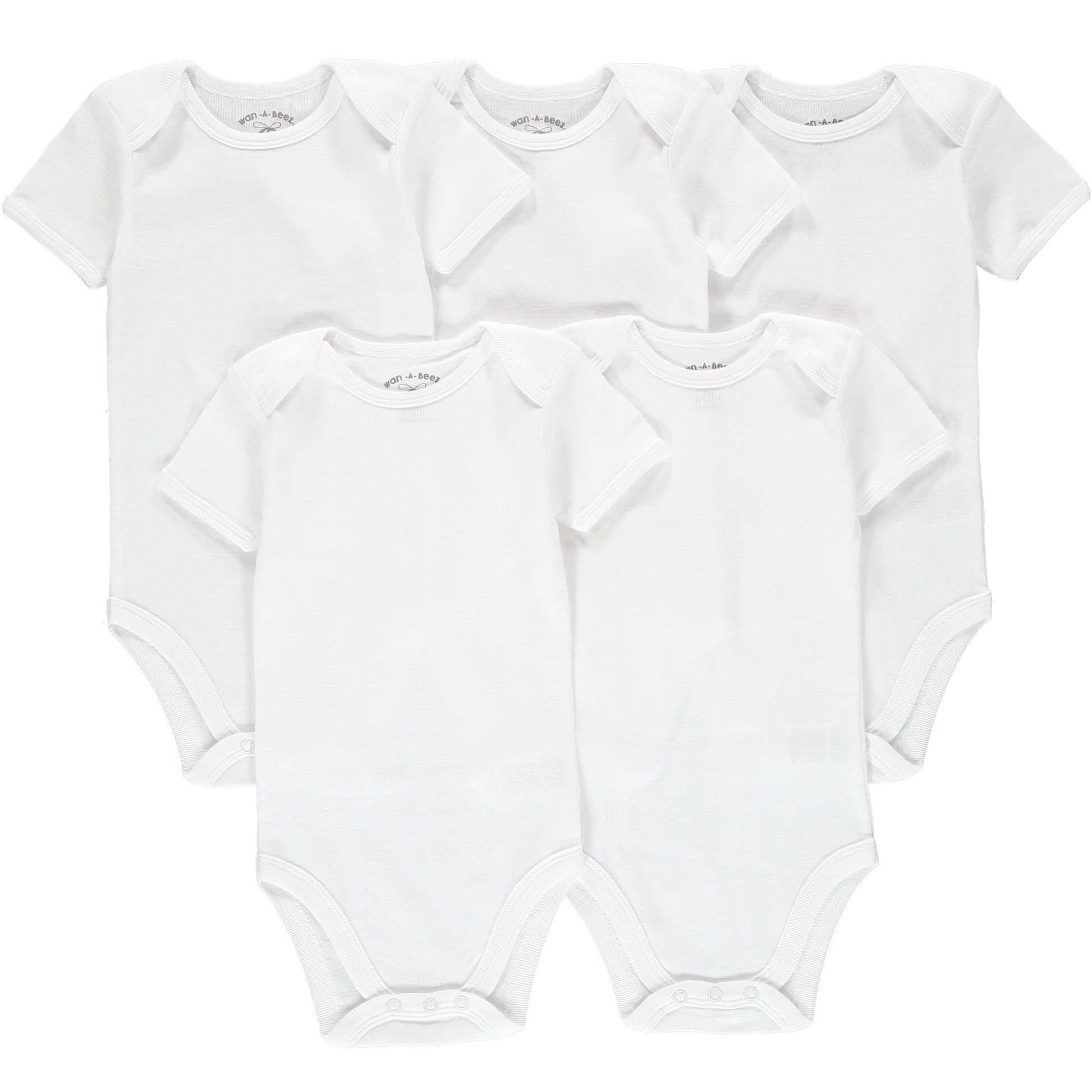 Wan-A-Beez 5 Pack Baby Girls and Boys Short Sleeve Bodysuits (6-9 Months, Solid White)