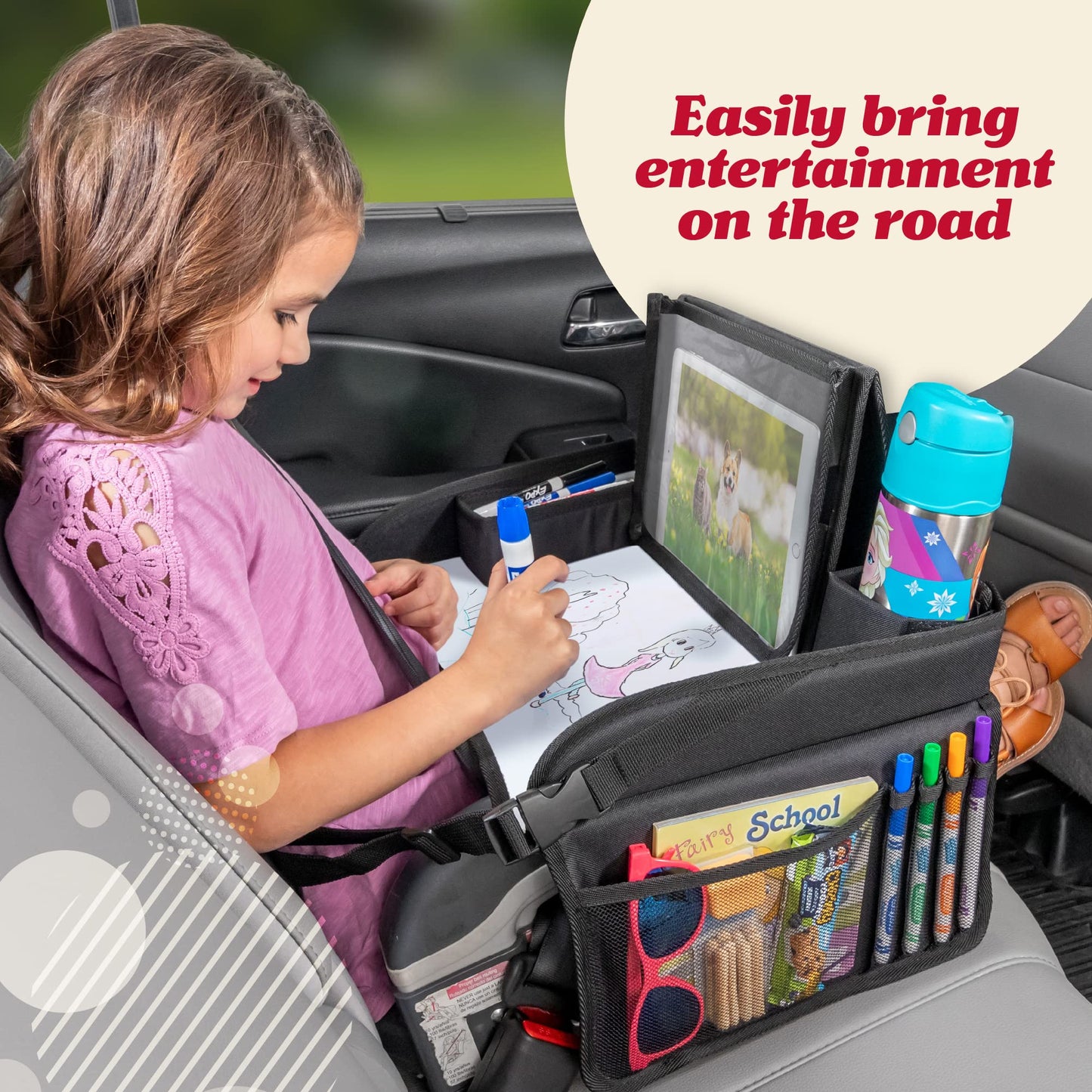 Lusso Gear Car Seat Tray - 1-Pack Black - 600D Oxford Lap Desk Organizer & Tablet Stand with Dry-Erase Surface, Snack & Cup Hold