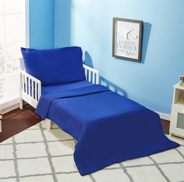 Everyday Kids 4 Piece Toddler Bedding Set - Includes Comforter, Flat Sheet, Fitted Sheet And Reversible Pillowcase - Solid Navy