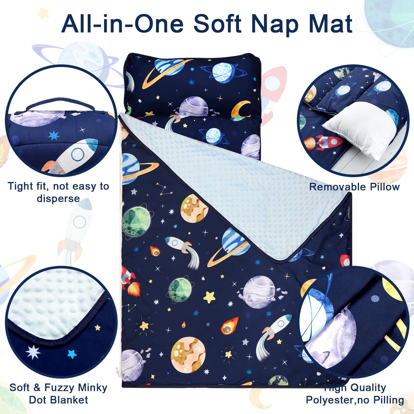 Toddler Nap Mat With Removable Pillow & Soft Dot Minky Blanket, Pea Pod Kids Nap Mats Rockets Space Rolled Slumber Bags For Boys