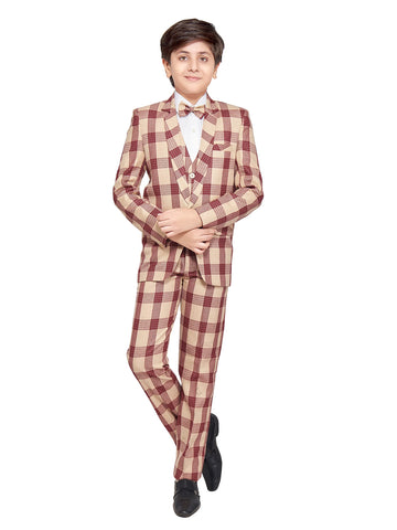 Jeetethnics Boys Beige Checked Coat Suit Set With Waistcoat Shirt And Trousers (9078Aq)