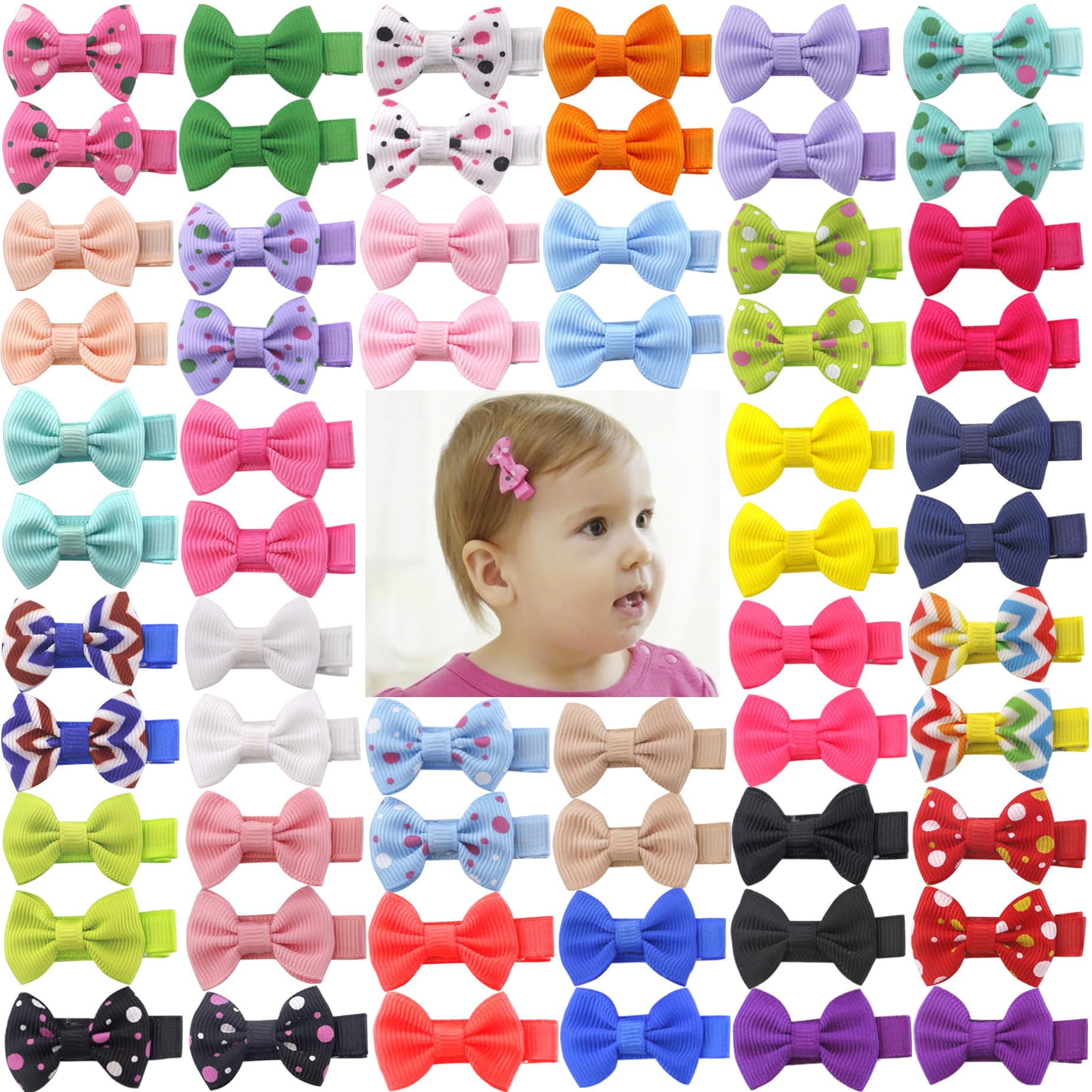 60Pcs Baby Girl Hair Bows 1.6 Inch Mini Tiny Small Fully Lined Clips For Infant Toddlers (30 Pairs)