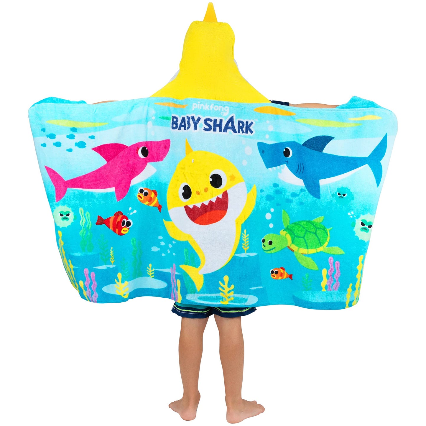 Franco Baby Shark Bath/Pool/Beach Soft Cotton Terry Hooded Towel Wrap, 24 In X 50 In, Kids