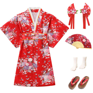Cutey May Japanese Traditional Dress For Girls Costume Kimono For Kids Set (Red, 10-12Years(150Cm))