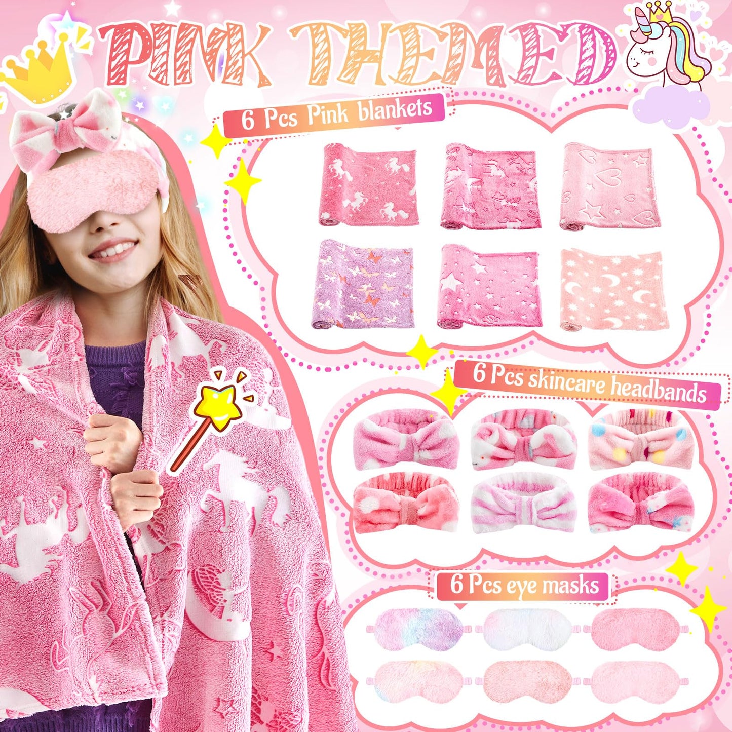 Fanfanwin 18 Pcs Sleepover Party Supplies For Girls, 6 Glow In The Dark Pink Blanket 6 Coral Fleece Spa Headband 6 Plush Eye Mas
