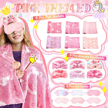 Fanfanwin 18 Pcs Sleepover Party Supplies For Girls, 6 Glow In The Dark Pink Blanket 6 Coral Fleece Spa Headband 6 Plush Eye Mas