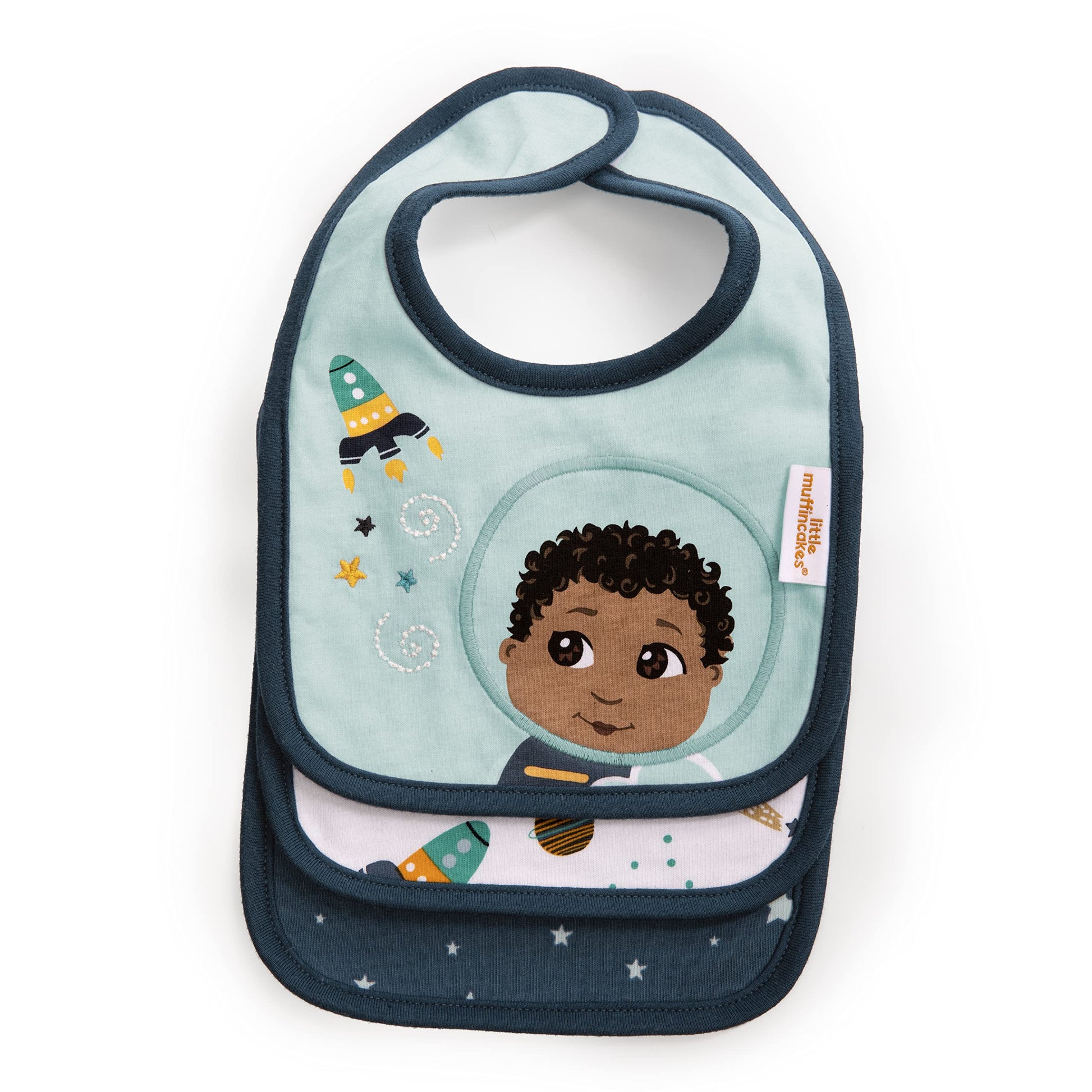 Little Muffincakes Baby Bibs 3 Pack Cotton Blend Hook-And-Loop Closure - Astronaut And Rocketships (Ashton) Newborn & Up, Blue,