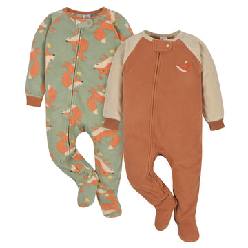 Gerber Baby Boys Toddler Loose Fit Flame Resistant Fleece Footed Pajamas 2-Pack, Fox Green, 5T