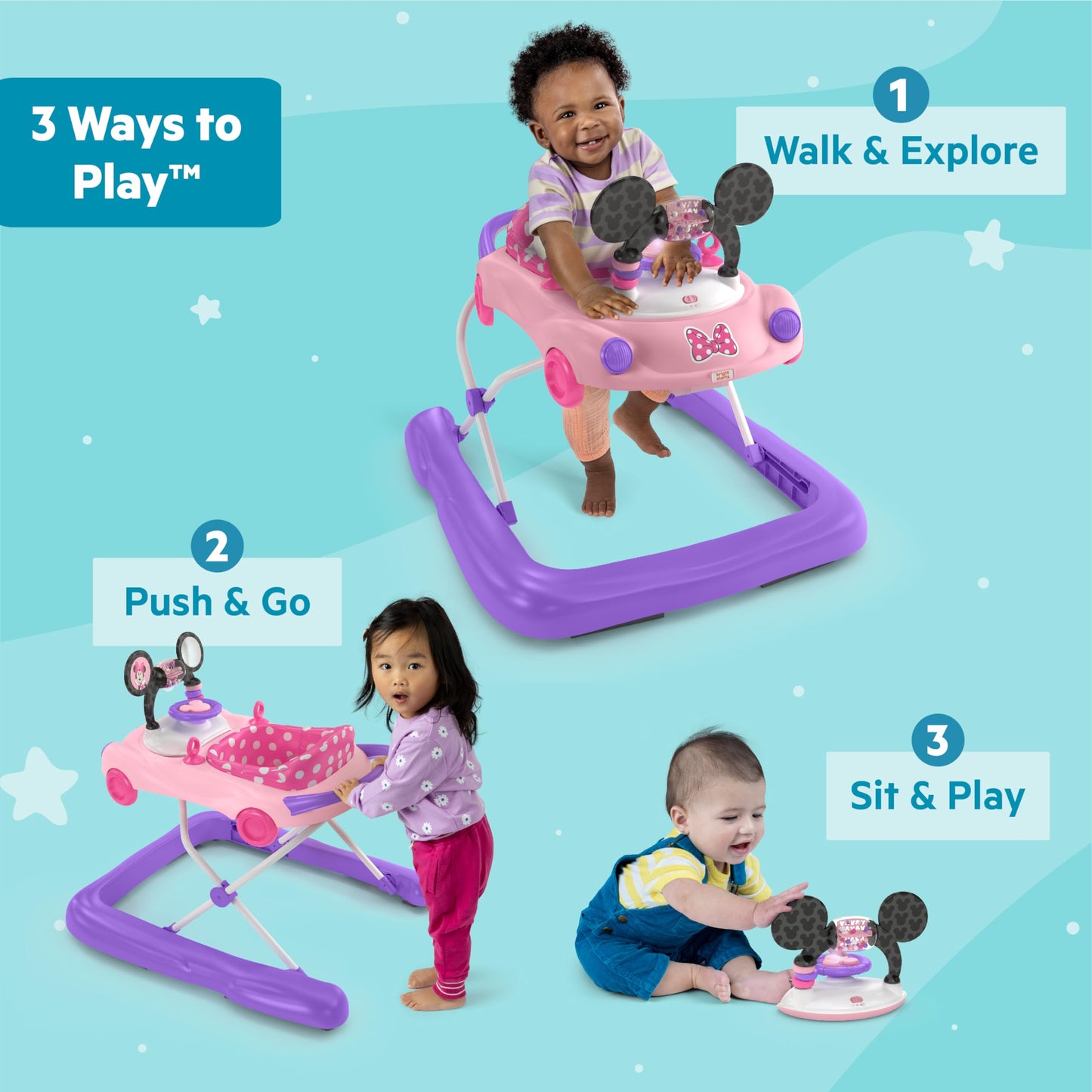 Bright Starts Disney Baby Minnie Mouse Go, Go Bows 3-In-1 Car Walker, Pink And Purple, 6-24 Months