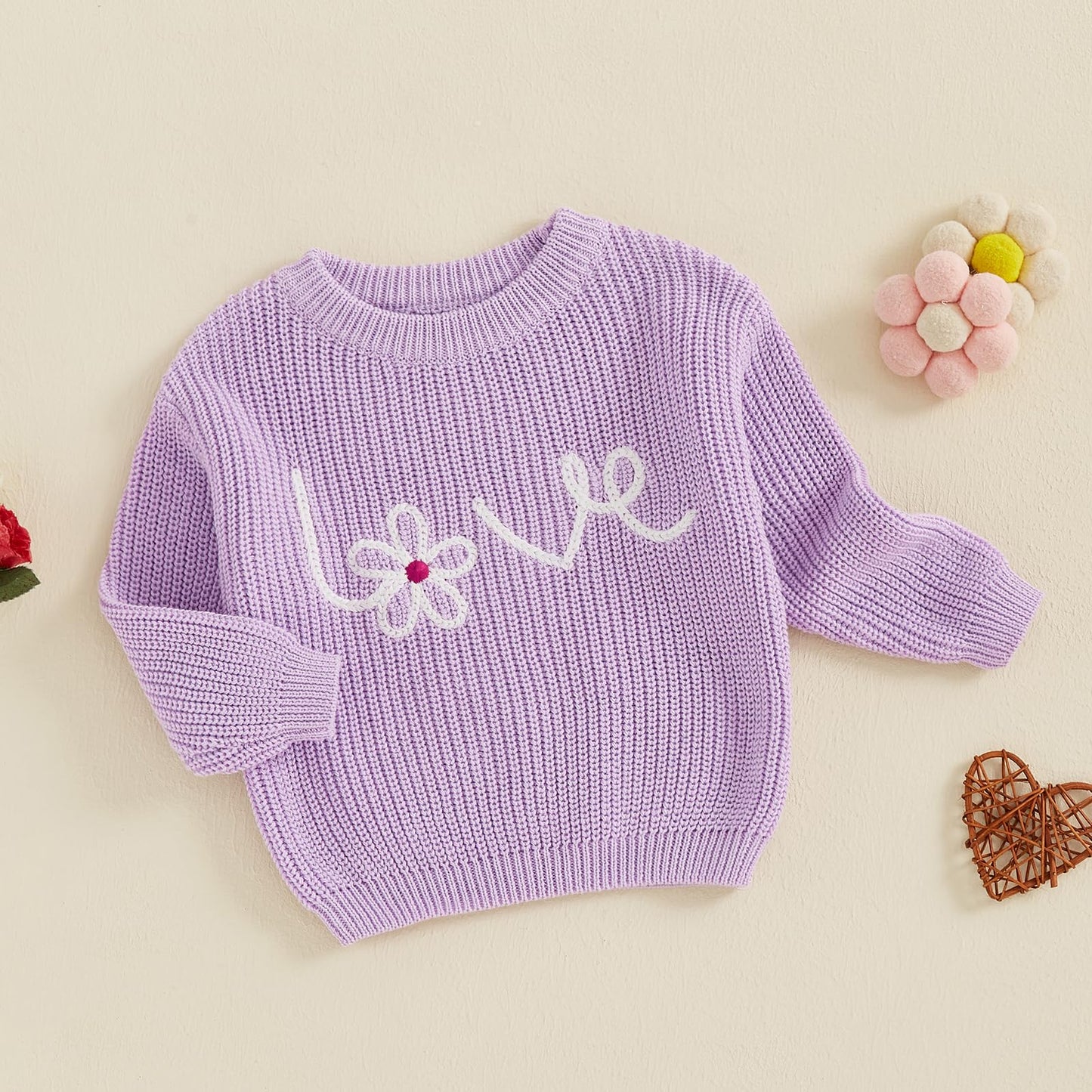 Valentines Day Baby Girl Boy Outfit Pink Heart Knit Sweater Long Sleeve Crewneck Sweatshirt Spring Winter Clothes (Purple, 3-4 Y