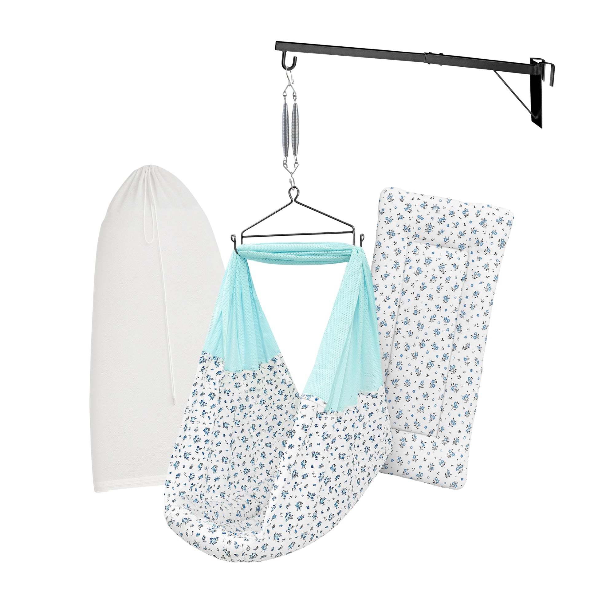 Beetot Baby Cradle Swing/Jhula (Thottil Cloth, Palna, Dolna) Set | Hanging Cradle With Padded Bed, Mosquito Net, Spring, Triangl