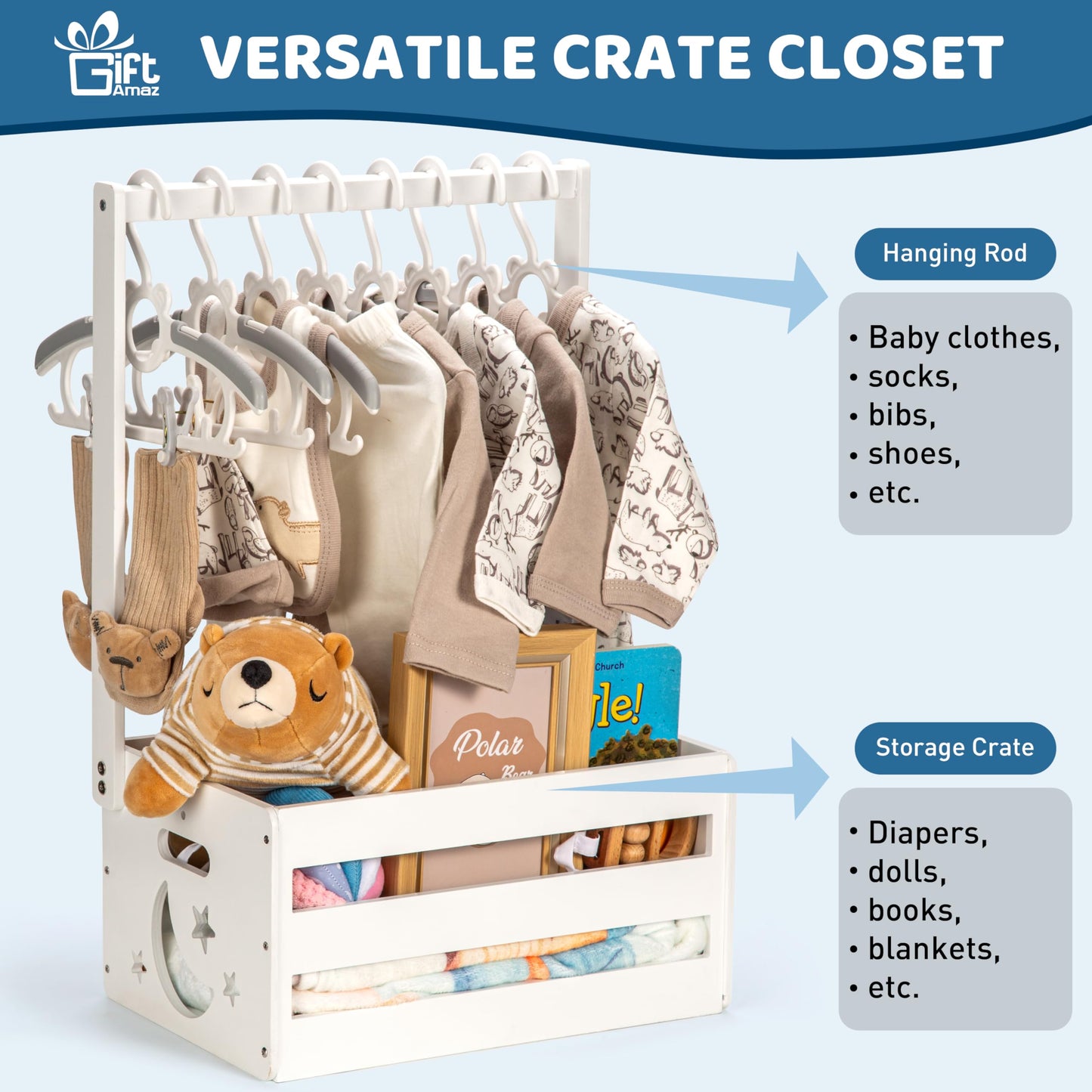Giftamaz White Wooden Baby Shower Crate Closet, Baby Storage Crate With Handle, Basket For Baby Shower Gifts, Welcome Gift Baske