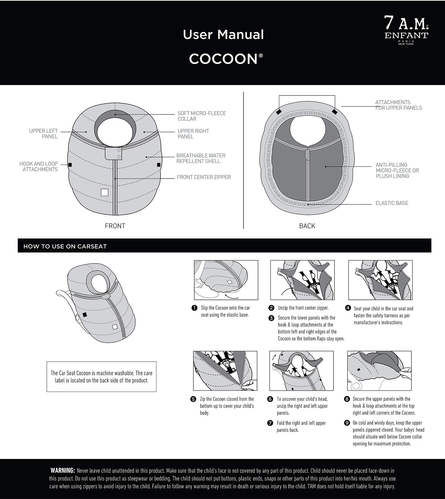 7AM Enfant Car Seat Covers - Cocoon Baby Cover for Boys & Girls, Rain & Snow Repellent, Breathable Windproof, Center Zipper, Uni