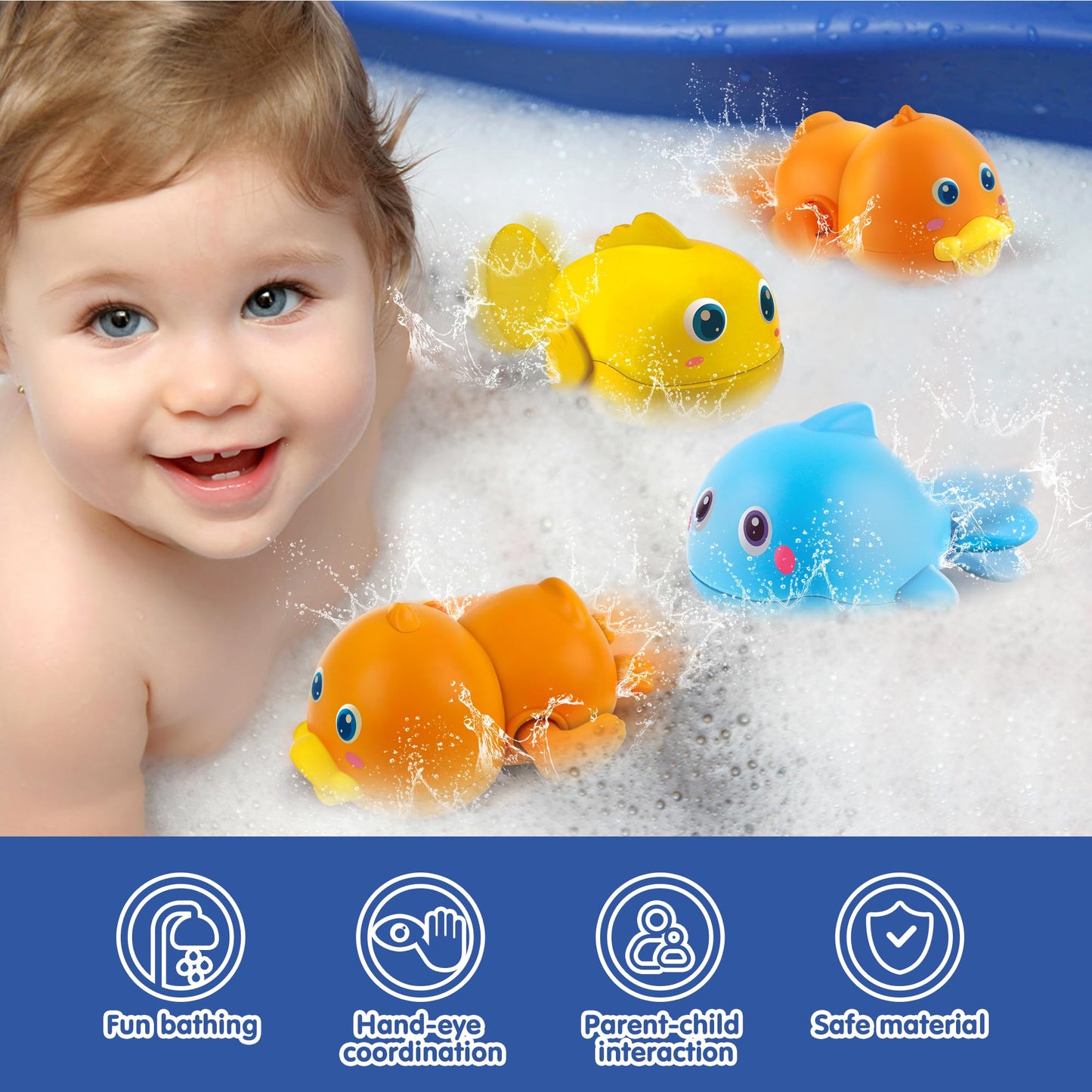 Dwi Dowellin Bath Toys for Toddlers, Magnetic Fishing Games Kids Bathtub Toys, Mold Free Wind-up Toys Swimming Fish Duck Whale F
