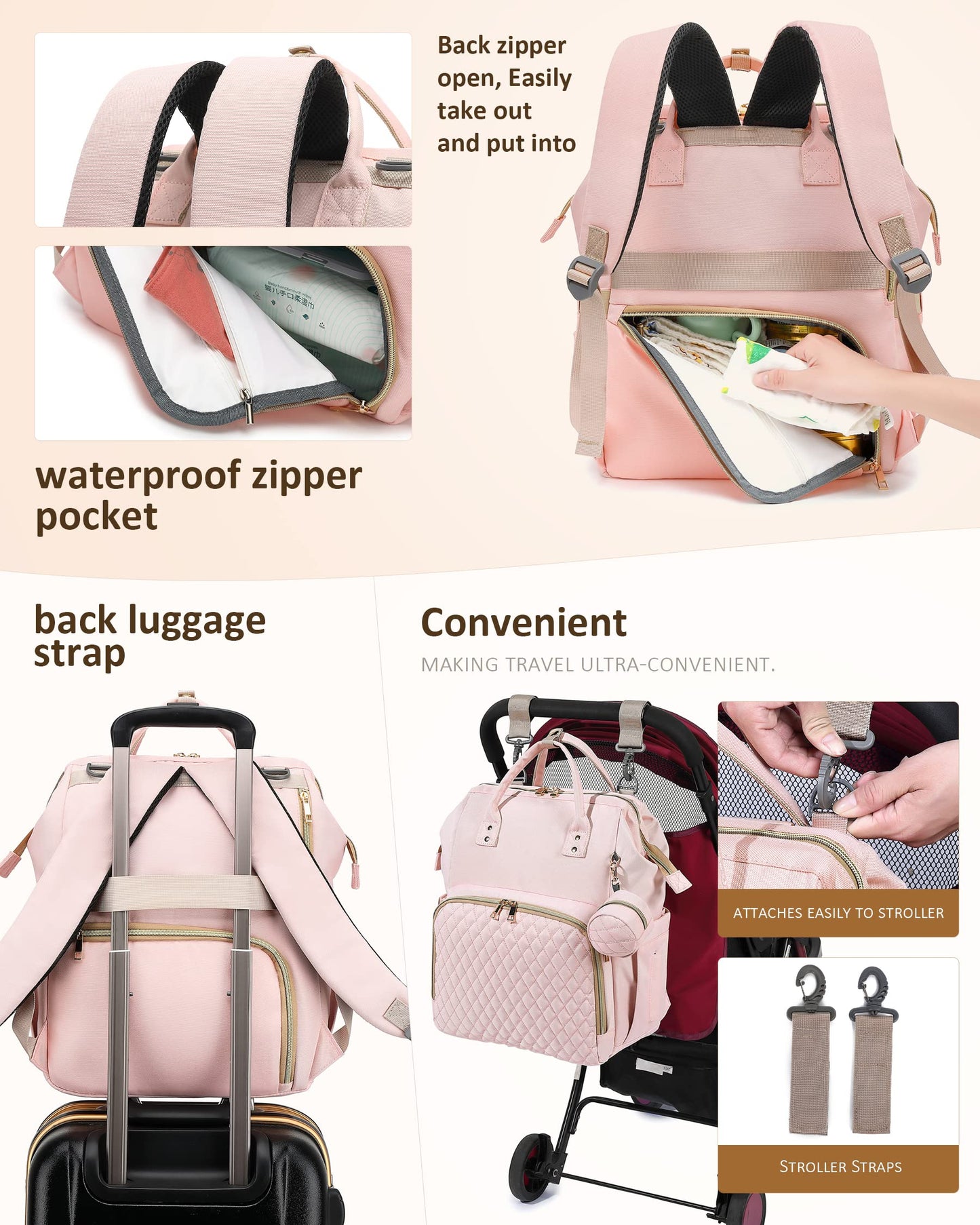 Baby Diaper Bag Backpack With Changing Pad, Pacifier Case - Pink Diaper Bags For Girl Boy Newborn Unisex Infant Toddler - Baby T