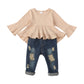 Baby Girl Clothes Outfits Toddler Girl Long Sleeve Rib Outfits Cotton Shirt Ripped Jeans Pants Denim Winter 12-18 Months Girl Cl