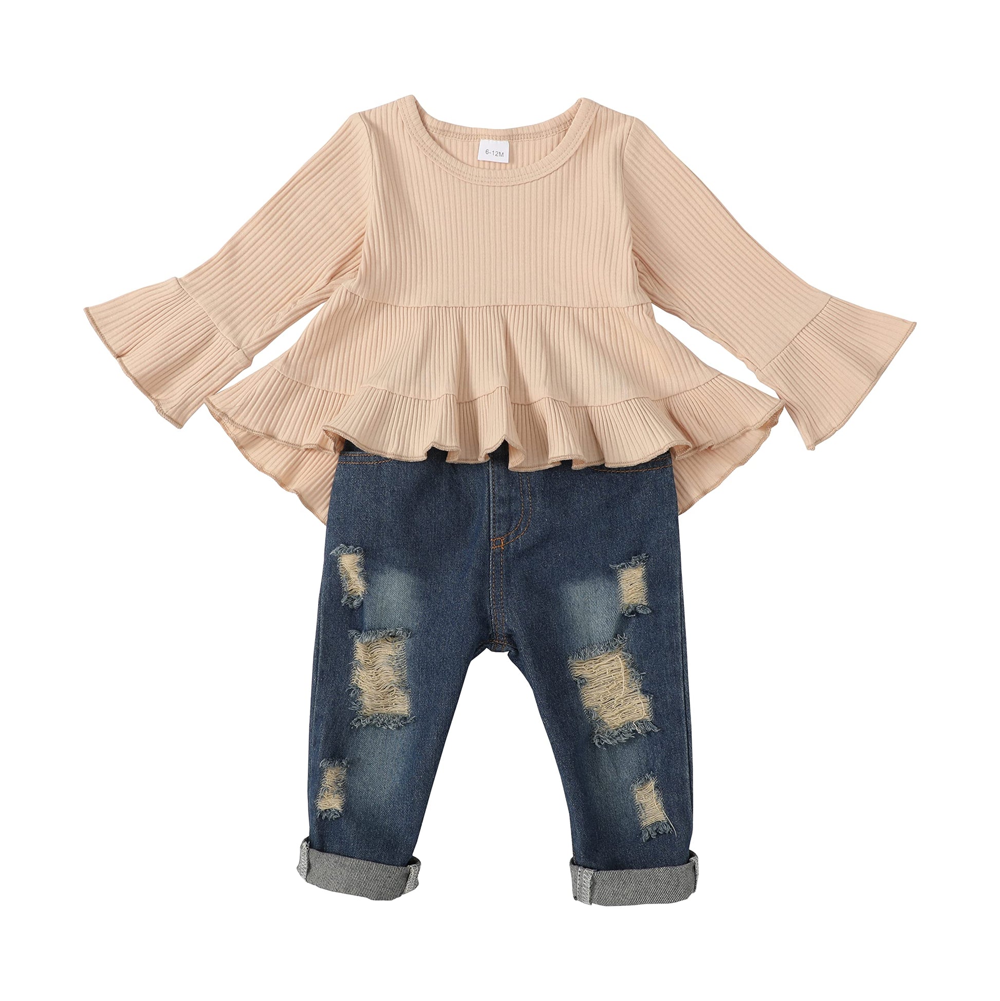 Baby Girl Clothes Outfits Toddler Girl Long Sleeve Rib Outfits Cotton Shirt Ripped Jeans Pants Denim Winter 12-18 Months Girl Cl