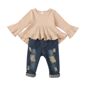 Baby Girl Clothes Outfits Toddler Girl Long Sleeve Rib Outfits Cotton Shirt Ripped Jeans Pants Denim Winter 12-18 Months Girl Cl