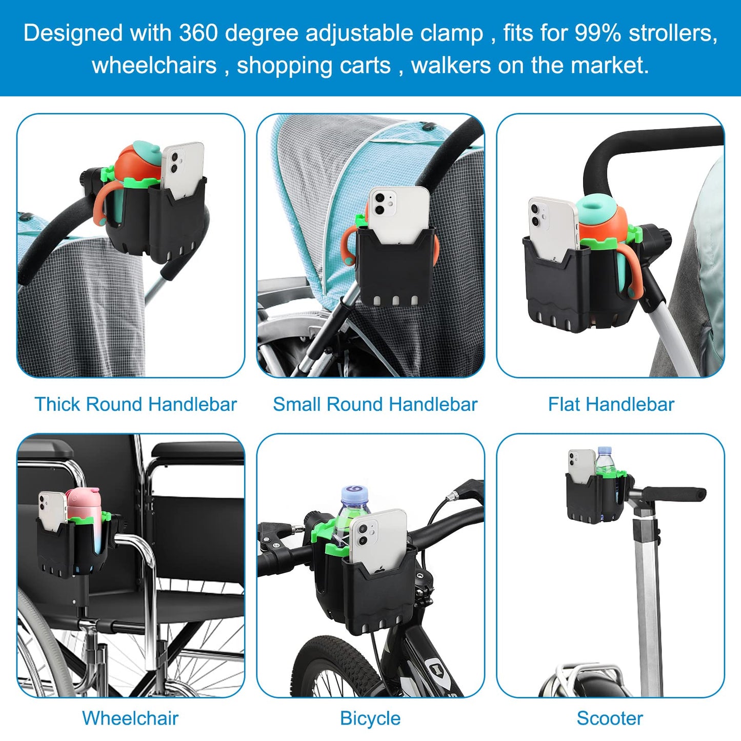 Accmor Stroller Cup Holder, Bike Cup Holder, Universal Cup Holder For Uppababy Nuna Doona Strollers, 2-In-1 Cup Phone Holder For