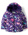 The Children'S Place Baby Girls' And Toddler Medium Weight Puffer Jacket, Wind, Water-Resistant, Purple Dinos
