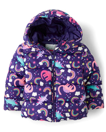 The Children'S Place Baby Girls' And Toddler Medium Weight Puffer Jacket, Wind, Water-Resistant, Purple Dinos