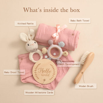 Youuys Baby Gift Set For Newborn - Baby Essential Bath Basket Gift Set With Baby Blanket Baby Rattle Teether Toy & Hair Brush Ne