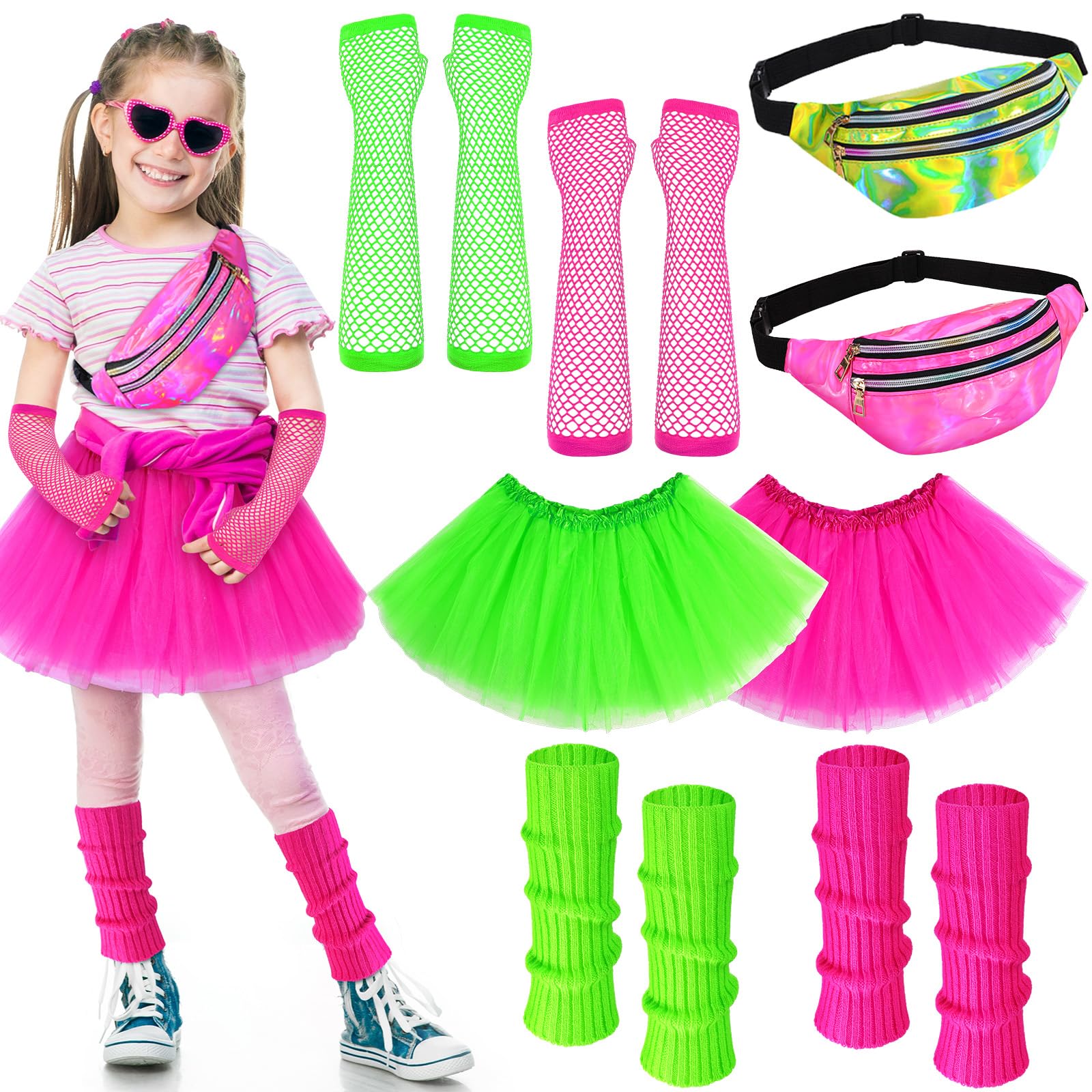 Toulite 8 Pcs Halloween Kid 80s Costume Accessories Set Neon Leg Warmers Socks Fanny Tutu Skirts(Rose Red and Green)