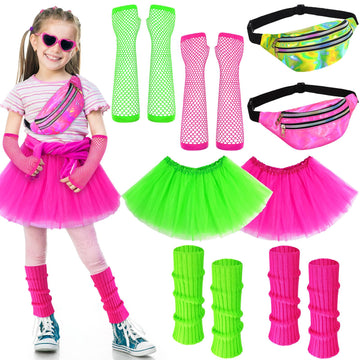 Toulite 8 Pcs Halloween Kid 80s Costume Accessories Set Neon Leg Warmers Socks Fanny Tutu Skirts(Rose Red and Green)