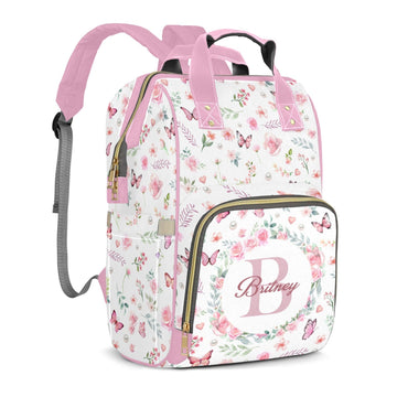 Perarts Large Capacity Custom Diaper Bag for Baby Girls with Name, Pink Floral Multifunctional Mom Personalized Diaper Bag Backp