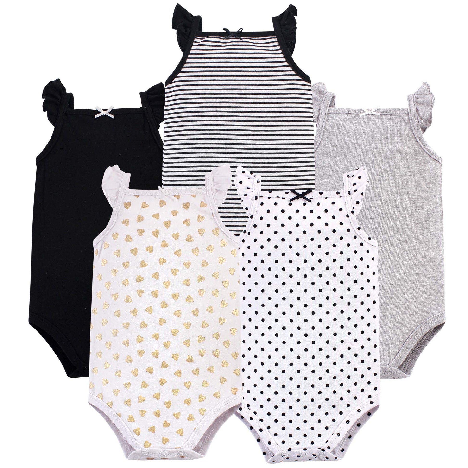 Hudson Baby Unisex Baby Cotton Sleeveless Bodysuits T Shirt Set, Basic Black Gold, 0-3 Months Us